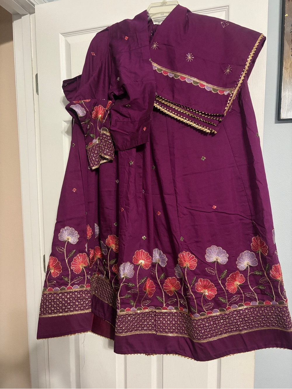 Purple Embroidered Floral Dress with Scarf new